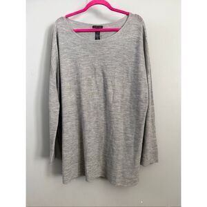 Eileen Fisher Grey Lightweight Rib Knit Dolman Sleeve Wool Tunic Top SIZE XL